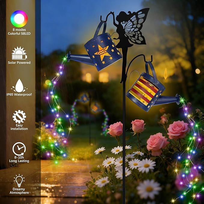DDQ Solar Watering Can Lights, Warm White/Color LED with Shepherd Hook, IP65 Waterproof Metal Garden Decor, Auto On/Off for Patio Backyard for Mom Birthday Christmas