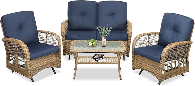 VIVIJASON 4-Piece Outdoor Patio Wicker Conversation Sets, All Weather Outdoor Rattan Furniture Set Includes Glider Loveseat, Coffee Table, 2 Glider Rocker Chairs w/Cushion for Lawn Balcony, Navy Blue