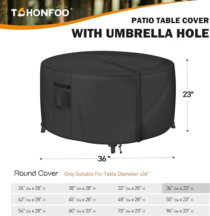 Round Patio Table Cover with Umbrella Hole - 36"DIA x 23"H (COVER SIZE，NOT TABLE SIZE) Heavy Duty Waterproof 600D Oxford Fabric Outdoor Lawn Patio Furniture Covers