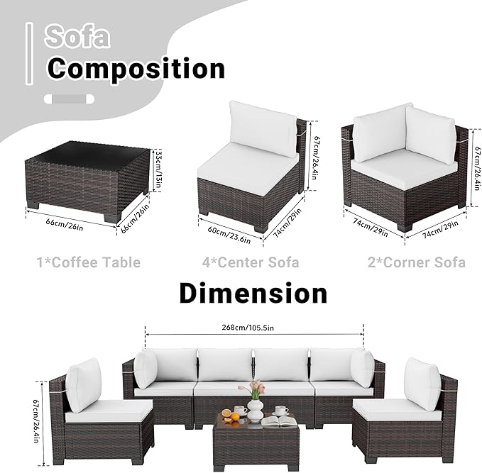 LEVELEVE 7 Pieces Outdoor Patio Furniture Sets,Rattan Conversation Sectional Set,Manual Weaving Wicker Patio Sofa with Tea Table