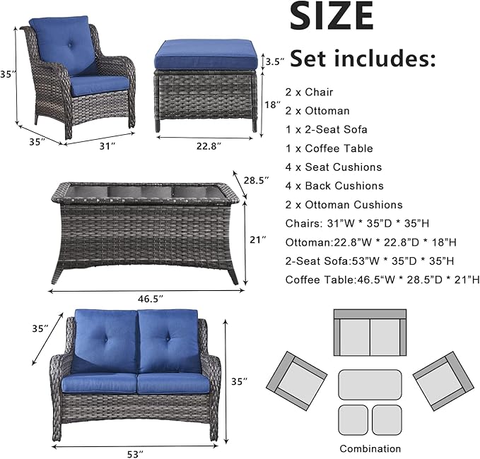 Belord 6 Pieces Patio Furniture Set Outdoor Wicker Furniture, 2 Patio Wicker Chairs with 1 Loveseat Sofa, Coffee Table and Ottomans, Patio Conversation Set for Porch Garden Deck Balcony Poolside