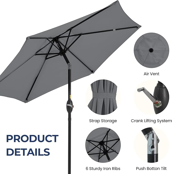 SUNVIVI OUTDOOR 7.5' Outdoor Patio Umbrella, Patio Umbrella, Market Umbrella, Aluminum Pole Umbrella with Push Button Tilt and Crank, 6 Ribs, Polyester Canopy, Grey