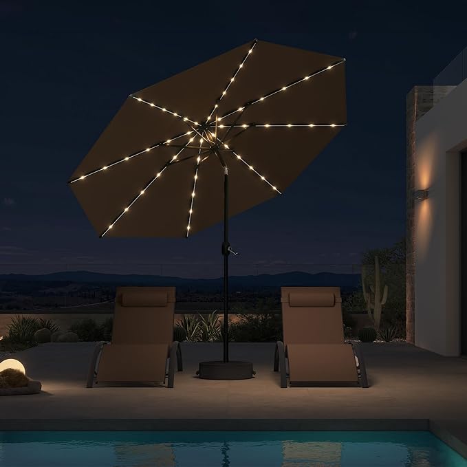 PURPLE LEAF 10' Round Patio Umbrella with Solar LED Outdoor Table Umbrella Aluminum Frame Market Umbrella with 8 Sturdy Ribs & Tilt for Garden Deck Lawn Pool Taupe