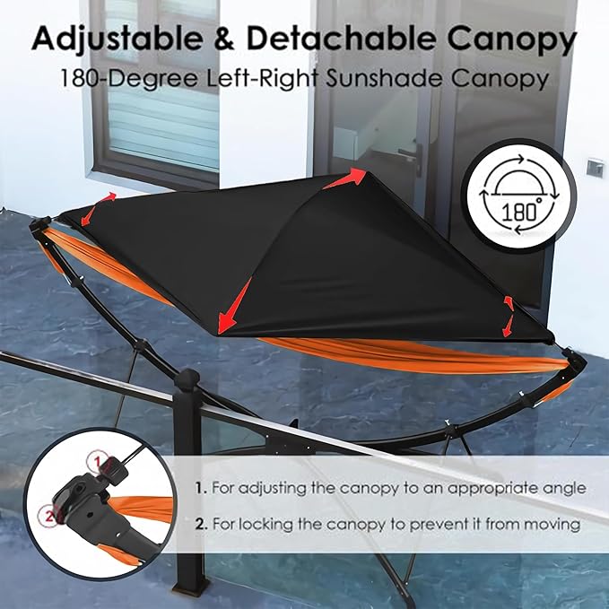 Portable Hammock with Quick Setup Folding Stand & Adjustable Sunshade Canopy & Storage Bag, Adult/Child Hammock Chair, for Camping Home Garden Hotel Outside Beach Forest (Black+Orange)