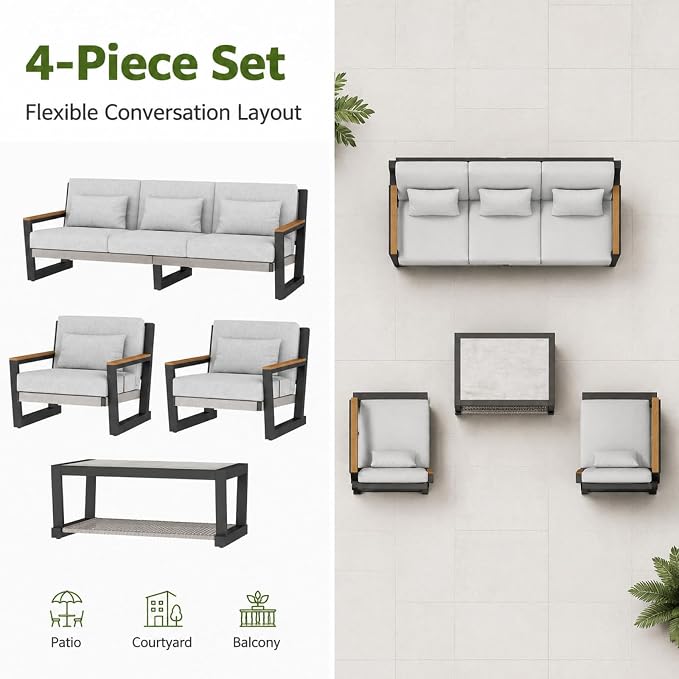 Aluminum Patio Furniture Set 5 Seats, Oversized Outdoor Sectional with Washable Thick Cushions, Coffee Table and Waterproof Cover, Patio Conversation Sets for Porch, Balcony, Deck Grey