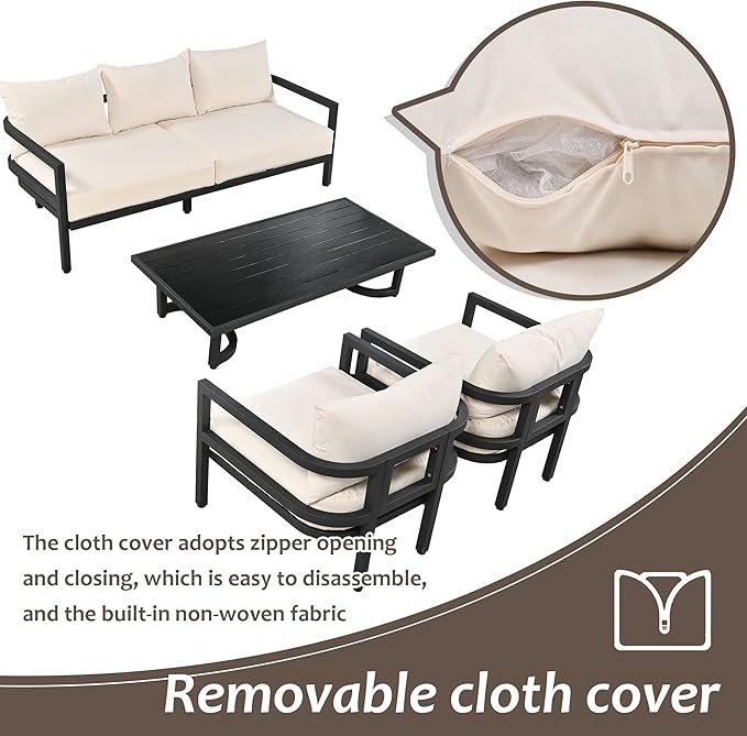 4-Piece Outdoor Steel Sofa Set, All Weather Patio Conversation Set with 1 Love Sofa, 2 Single Sofas, Coffee Table, Waterproof Cushions, Suitable for Backyard, Poolside Gardens (Beige-Z)