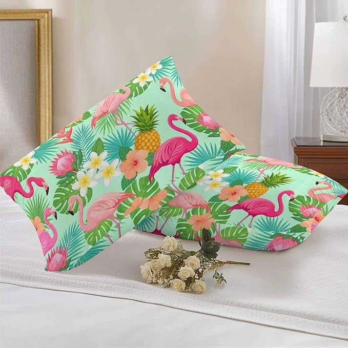 Pink Flamingos Outdoor Pillow Covers 20"x12" Set of 2, Tropical Palm Leaf Hibiscus Flower Green Plant Waterproof Throw Pillow Covers for Patio Furniture, Decorative Cushion Covers for Porch