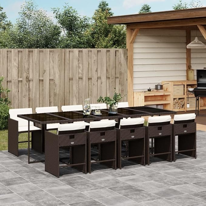 11 Piece Outdoor Dining Set for 10, Brown Poly Rattan Patio Furniture with Tempered Glass Table and Comfortable Cushioned Chairs, Space-Saving Cube Design