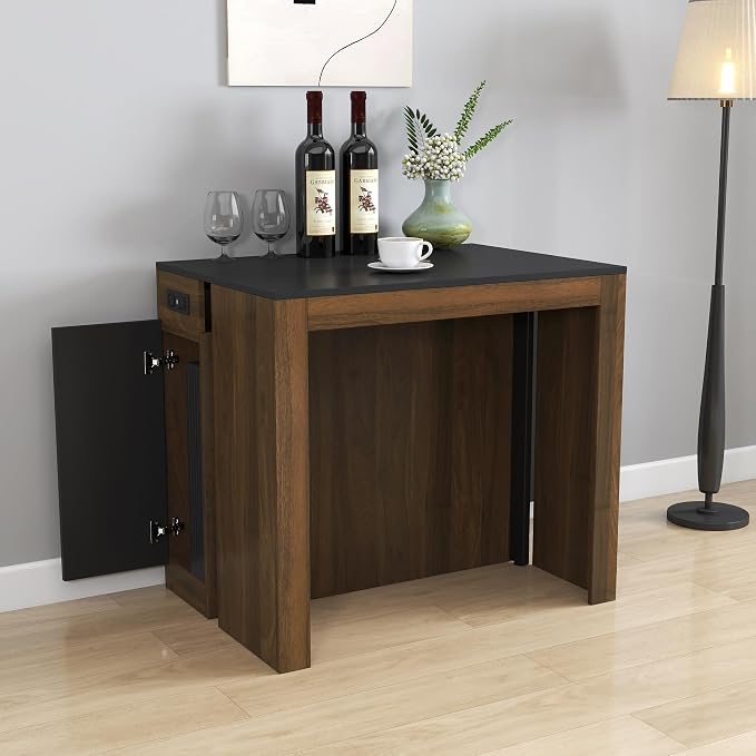 23.62”-118.11” Extendable Dining Room Table, 1-10 People Wood Long Foldable Tables with Storage Cabinet & Outlet, Space Saving Expanding Table with for Kitchen, Living Room, Walnut Black