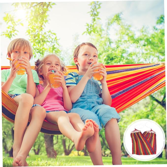 Canvas Single-Person Rainbow Striped Hammock with Anti-tip Design, Outdoor Traveling Swing for Leisure and Camping, Red Wide Cotton Fabric for Patio and Garden Use