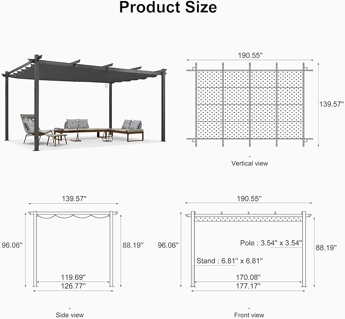 PURPLE LEAF 12' X 16' Outdoor Pergola with Retractable Canopy Aluminum Shelter for Porch Garden Beach Sun Shade Pavilion Grape Trellis Grill Gazebo Modern Backyard Deck Metal Patio Pergola Gray