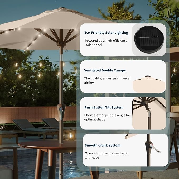 9FT Solar Umbrella 32 LED Lighted Patio Umbrella Table Market Umbrella w/Tilt and Crank, UV-Resistant Outdoor Umbrella for Pool, Garden, Deck, Beige