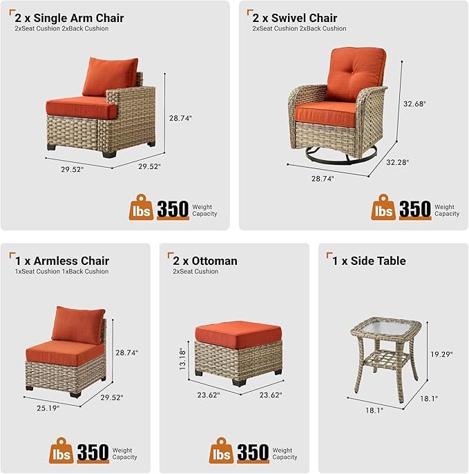ovios 8 Piece Patio Sectional Furniture with Swivel Rocking Chairs, Rattan Wicker Coversation Couch Set, Outdoor Sofa Set for Outside Porch Balcony Backyard Pool, Orange