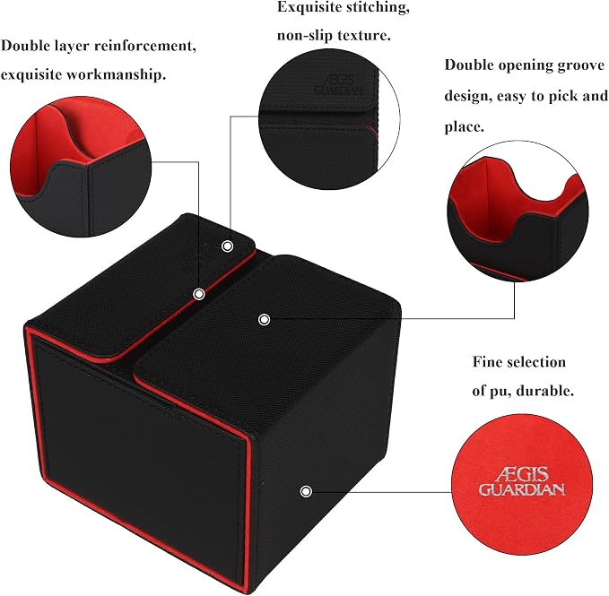 AEGIS GUARDIAN Card Deck Box with Dice Tray for MTG Cards, Commander Deck Box fit 150+ Sleeved Cards, PU Leather Card Storage Box Strong Magnet Deck Game Case for TCG CCG, Red Ineer