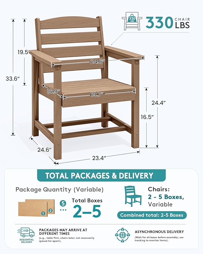 SERWALL Outdoor Dining Chairs Set of 2, All-Weather HDPE Patio Chair with 19.7" Widened Seat, for Backyard, Garden, Brown