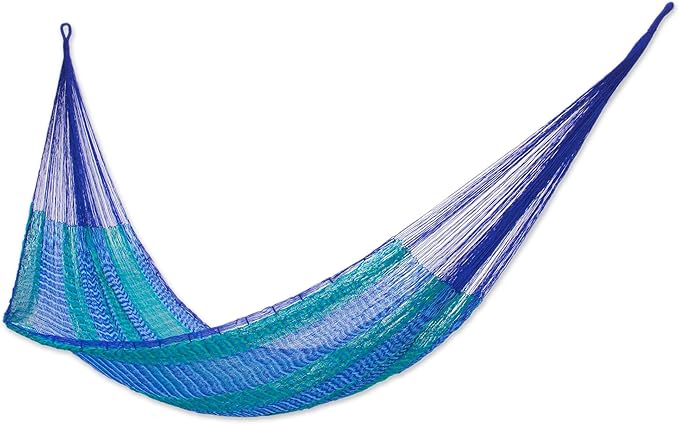NOVICA Artisan Crafted Hammock Striped Rope | Mayan Bright Cobalt | Two Person Capacity | Blue Green Color | Striped Hand Woven | Handmade Nylon | Mexico 'Cool Lagoon'(Double) 78" L x 78" W
