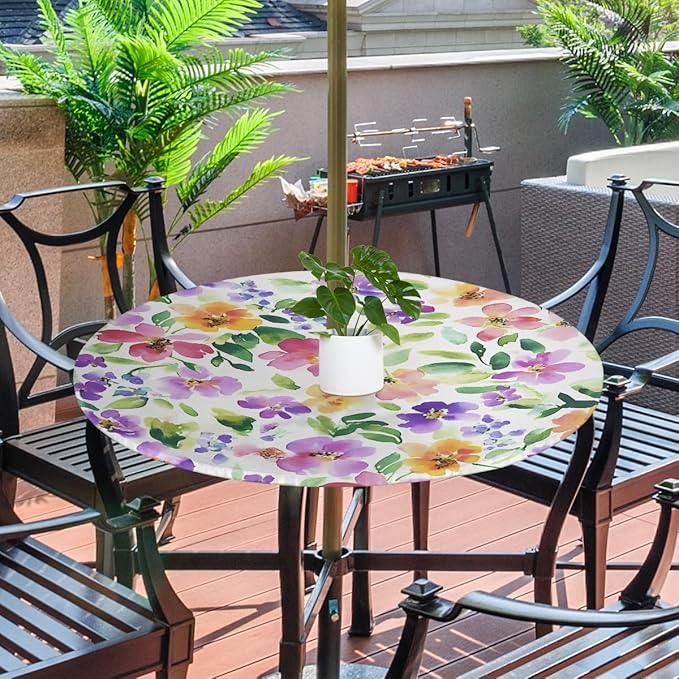 OSAM SPACE Outdoor Tablecloth with Umbrella Hole, Round Elastic Fitted Table Cloth with Invisible Zipper,Watercolor Flowers Picnic Patio Table Cover 36-44in