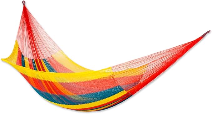 NOVICA Bright Yellow Red Teal Blue Striped Hand Woven Nylon Mayan Matrimonial Family Size XXL Rope Hammock with Hanging Accessories, 'Citrus Punch' (Triple)