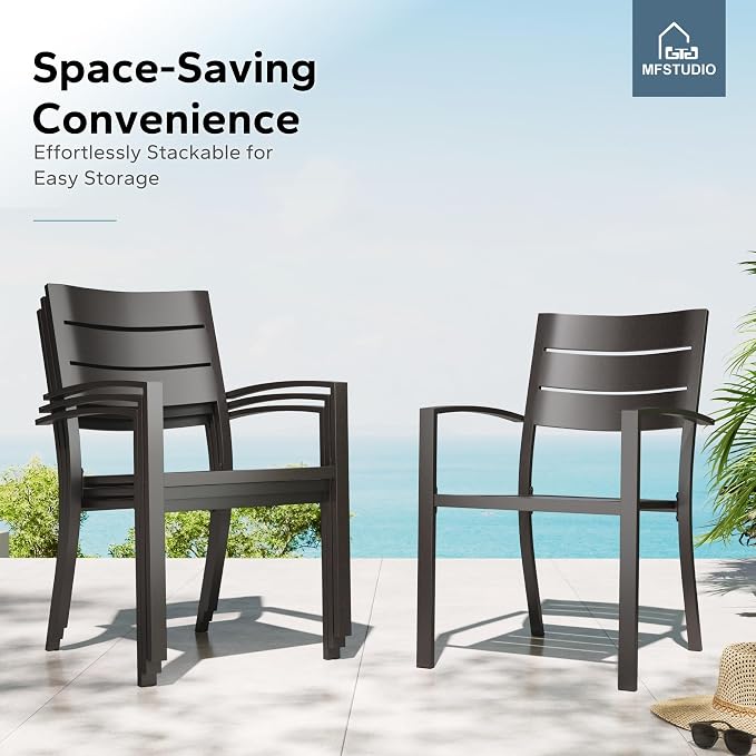 MFSTUDIO Outdoor Dining Set with Umbrella, Metal Patio Dining Set for 6 Persons, Patio Furniture Set with Navy Blue Umbrella (Base not Included)
