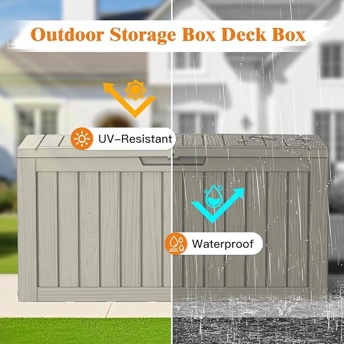 Outdoor Storage Box, 75 Gallon Waterproof Deck Boxes, Resin, Lockable Pool Deck Box for Garden Tools, Patio,Pool Accessories, Cushions, Large Delivery Boxes with Handle，Weatherproof & UV-Resistant