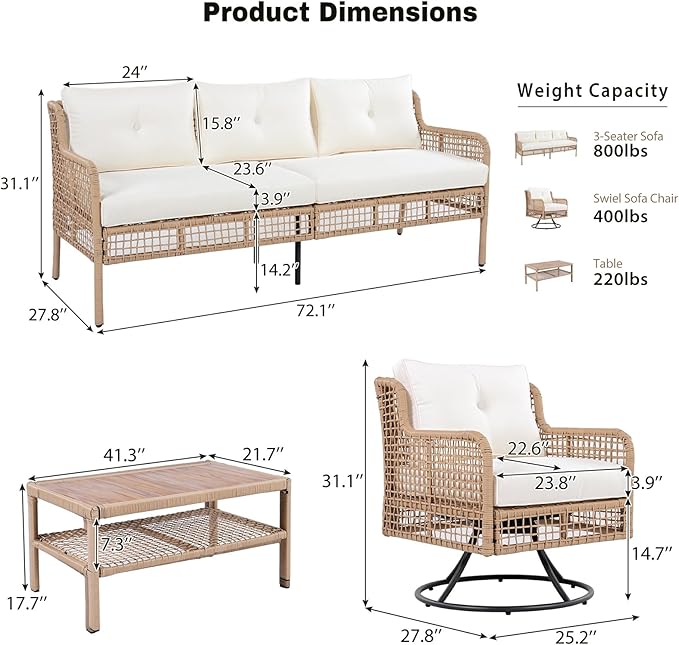 Patio Furniture Set with Swivel Chairs, 4 Pieces Outdoor Rattan Woven Sectional Sofa Patio Conversation Set for 5-Person, for Poolside Backyard Deck, Beige