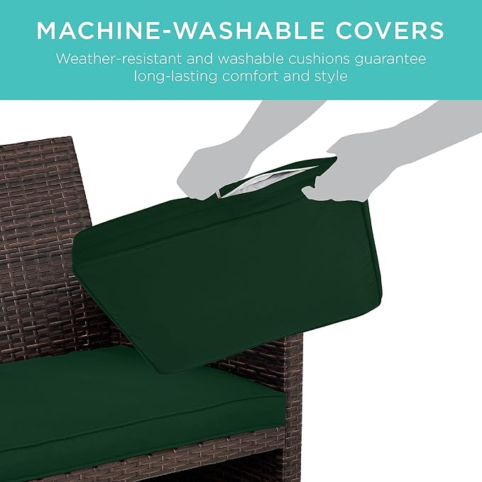 Best Choice Products 4-Piece Outdoor Wicker Patio Conversation Furniture Set for Backyard w/Coffee Table, Seat Cushions - Brown/Midnight Green