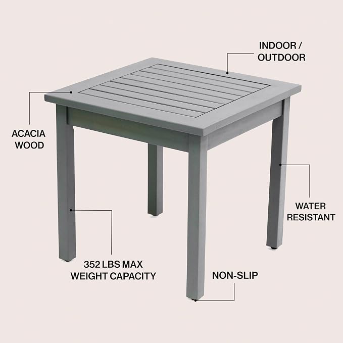 JONATHAN Y Archer 18" Square Acacia Wood Outdoor Side Table, Modern Glossy Gray Slatted Patio End Table for Porch, Poolside and Garden, Weather Resistant Accent Table END6000G