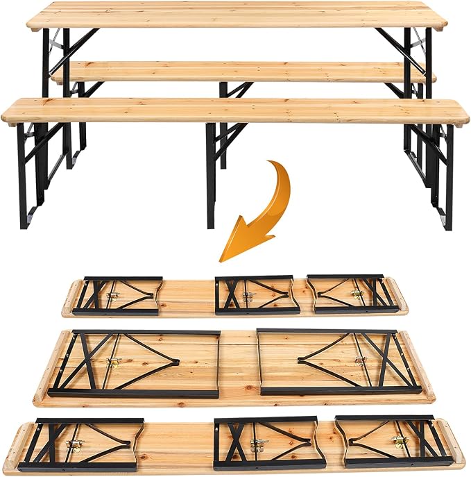 VINGLI 6 Foot Folding Picnic Table with Benches, Weather-Resistant Wood Beer Camping Table w/Carrying Handles, for Family Garden Patio Outdoor Activities Use, at Home and Commercial