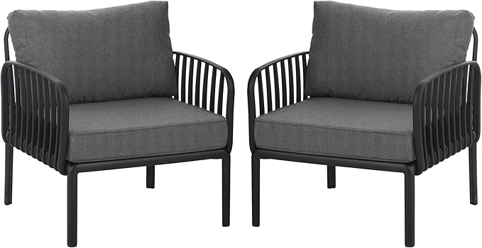 Christopher Knight Home Landon 4 Pieces Patio Conversation Set, Loveseat and Coffee Table Set, Accent Chairs, Club Chair with Cushion, Sofa Chair with Table Set for Balcony Garden, Black+Dark Gray