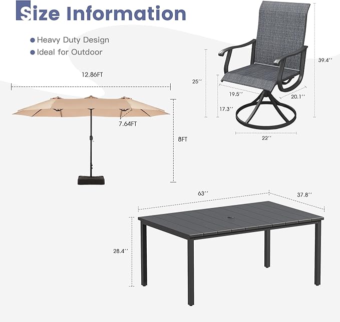 VICLLAX Patio Table and Chairs with Patio Umbrella, 6 Patio Swivel Chairs and Metal Patio Table with 15ft Wheat Outdoor Umbrella for Backyard, Dark Charcoal Chairs & Black Tabletop