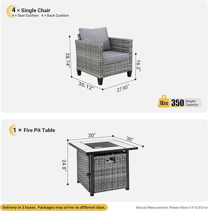 ovios 5 Pieces Patio Furniture Set, Outdoor Wicker Rattan Chairs of 4 with 30" Fire Pit Table, High Back Chair Conversation Sets for Porch Deck Garden, Dark Grey