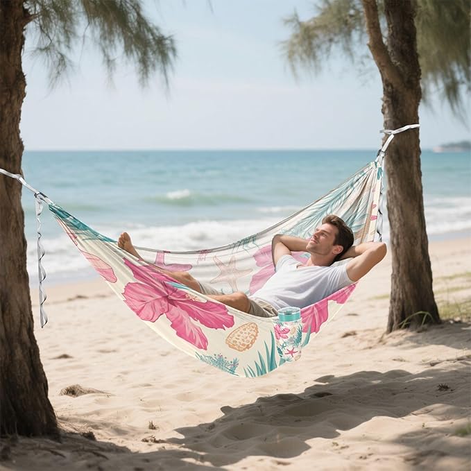 Tropical Leaves Pink Hibiscus Flowers Starfish Hawaiian Style 330lb Capacity Camping Hammocks Swing Hammock for Indoor Outdoor Patio Base para hamacas