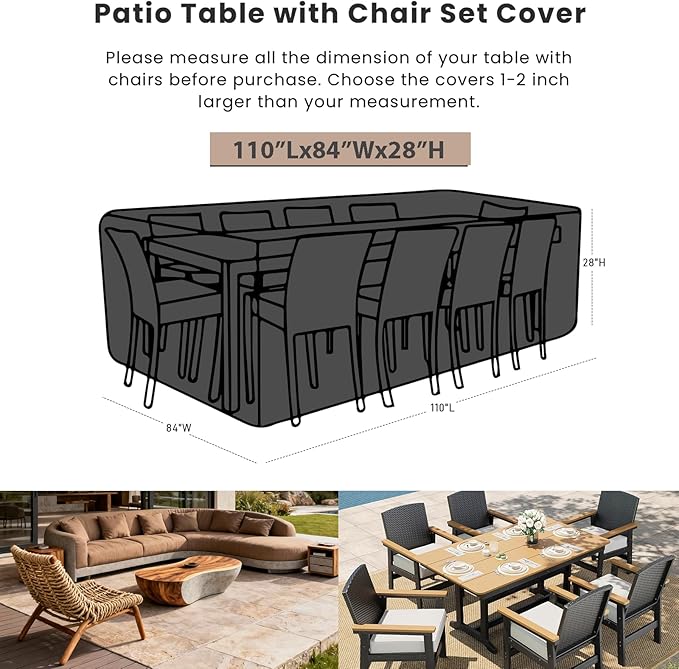 SheeChung Patio Furniture Covers Rectangular 110"L x 84"W x 28"H,Heavy Duty Outdoor Sectional Sofa Couch Set Cover,Waterproof Garden Dining Table Chair Set Cover,Weather Resistant