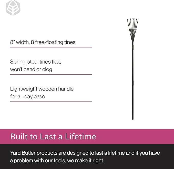 Yard Butler ILT-8 World’s Greatest Rake 8” Wide Shrub Rake Garden Rake for Lawncare - Convenient Garden Cleaning Accessory - Lightweight Handle - Steel Tines - Easy to Maneuver