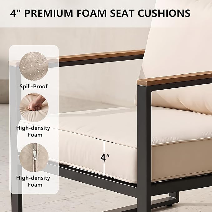 Modern Patio Furniture Set, 4 Pieces Outdoor Conversation Set with Coffee Table, Metal Patio Furniture with 4" Washable Foam Cushions, Ships in 1 Box, Beige