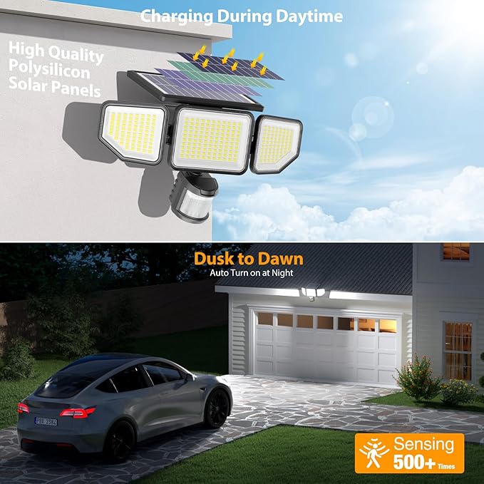 Onforu 4500LM Solar Lights Outdoor, 3 Heads Security Lights with Remote Control, IP65 Waterproof Motion Sensor Lights, 3 Modes Flood Lights for Wall, Porch, Yard, Outside, 4 Pack