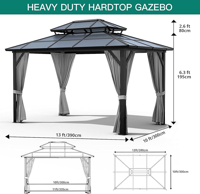 GAOMON 10'x13' Hardtop Gazebo, Outdoor Polycarbonate Double Roof Canopy, Aluminum Frame Permanent Pavilion with Curtains and Netting, Sunshade for Garden, Patio, Lawns, Gray