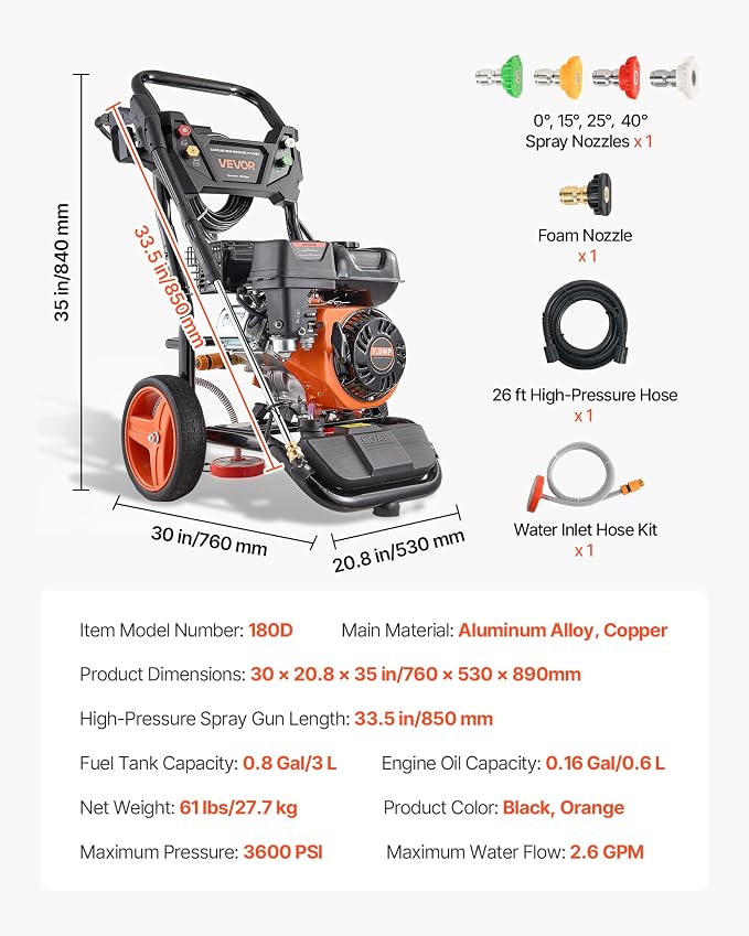 VEVOR Gas Pressure Washer, 3600 PSI 2.6 GPM, Gas Powered Pressure Washer with Copper Pump, Spray Gun and Extension Wand, 5 Quick Connect Nozzles, for Cleaning Cars, Homes, Driveways, Patios