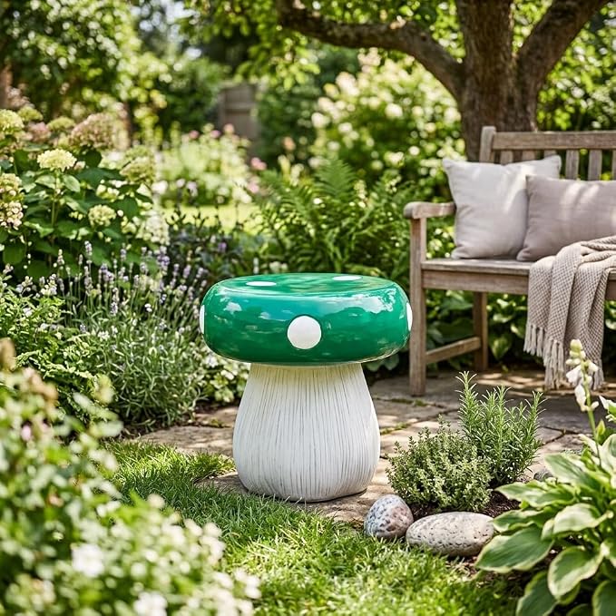 13.8" Mushroom House Resin Stool, Forest Mushroom Sculpture Stool, Multi-Purpose Decorative Furniture, Indoor Outdoor Garden Lawn Courtyard Summer Decoration (Green Mushroom)
