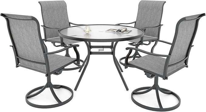 Anmutig 4 Person Grey Textilene Patio Swivel Rocker Chairs with 40 Glass Round Table Outdoor Furniture Set - Style1