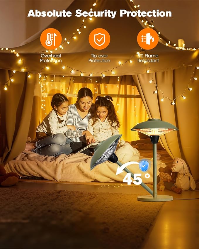 Electric Patio Outdoor Heater, 1500W Infrared Tabletop Heaters for Indoor Oudoor Use, IP55 Waterproof, Tip-over & Overheating Protection, Perfect for Garden, Balcony (green, tabletop-switch)