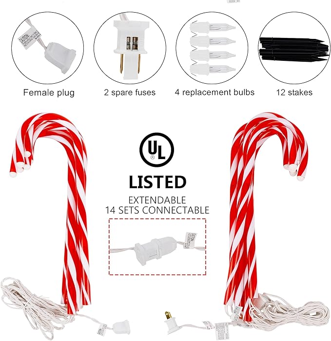 Biswing Christmas Outdoor Candy Cane Lights, 12 Pcs Christmas Pathway Markers with 72 Count Warm White Lights, Connectable for Indoor Outdoor Holiday Walkway Patio Garden Ornament