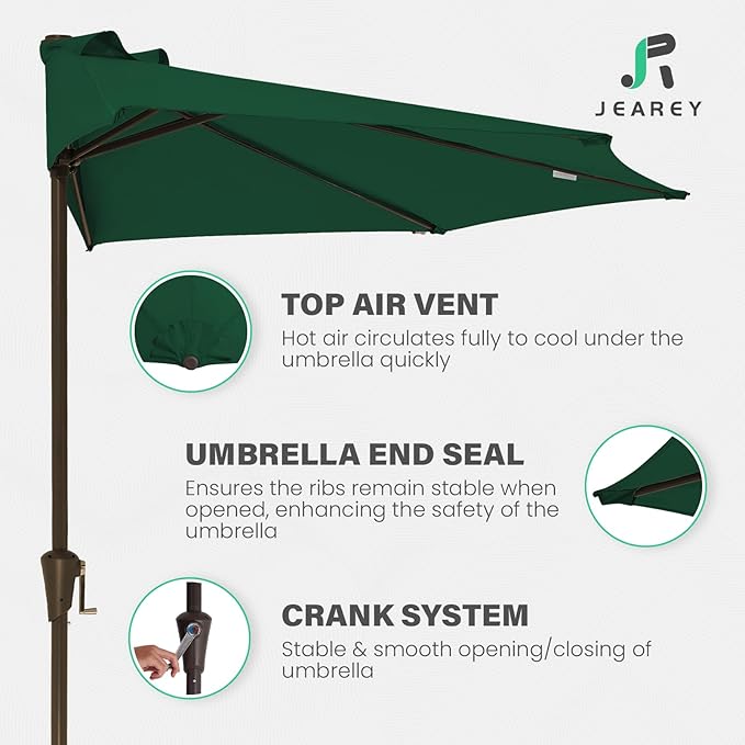 JEAREY 9ft Half Umbrella Outdoor Patio Umbrella Market Umbrellas with Crank, 1/2 Round Wall Umbrella 5 Sturdy Ribs UV Protection for Pool Garden Balcony Deck, Dark Green