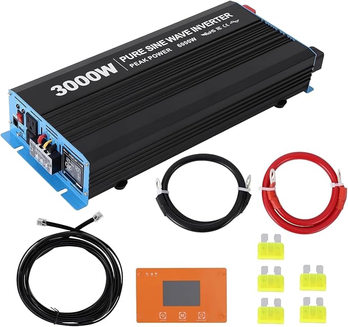 Power Inverter 3000 Watt Pure Sine Wave 24V DC to 110V/120V AC 6000W Peak Converter for Family RV Off Grid Solar System with 2 AC Outlets LCD Display Remote Control and 2.4A USB Charging Port