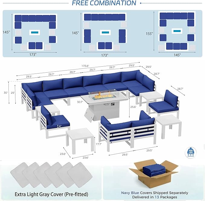 NICESOUL 17 Pcs Large Aluminum Patio Furniture Set with Fire Pit Table Propane/Gas, 500 lbs Heavy Duty Outdoor Sectional Sofa with Side Table, L Shaped Conversation Couch for Garden Lawn, Navy Blue