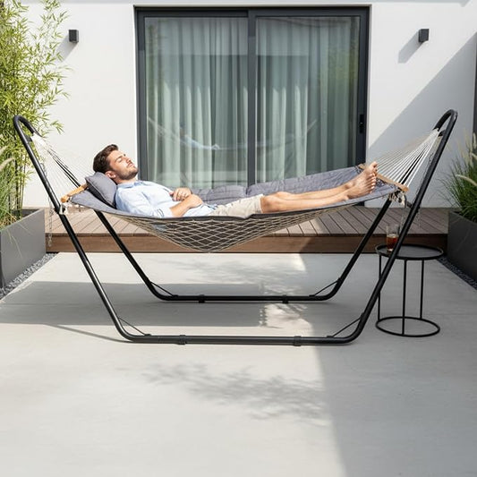 Double Hammock with Stand,Heavy Duty Portable Outdoor Hammock for 2 Person,Detachable Hammock Bed for Outside,﻿550 LBS Capacity,for Patio, Garden, Backyard & Beach (Gray)