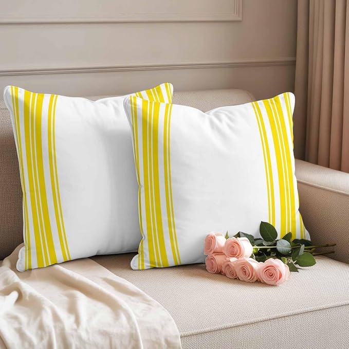 Outdoor Waterproof Throw Pillow Covers Set of 2 Yellow Stripes Pillowcases 26x26 Inches White Vertical Striped Decorative Pillows Cushion Case Patio Pillows for Couch Bed Chair Garden
