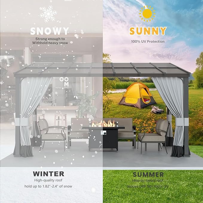 10' x 14' Lean to Gazebo,Large Wall Mount Heavy Duty Gazebos Pavilion,Outdoor Hardtop Pergola Shelter with Curtains and Netting,Sunshade for Patio Garden Lawn Backyard Deck,Grey