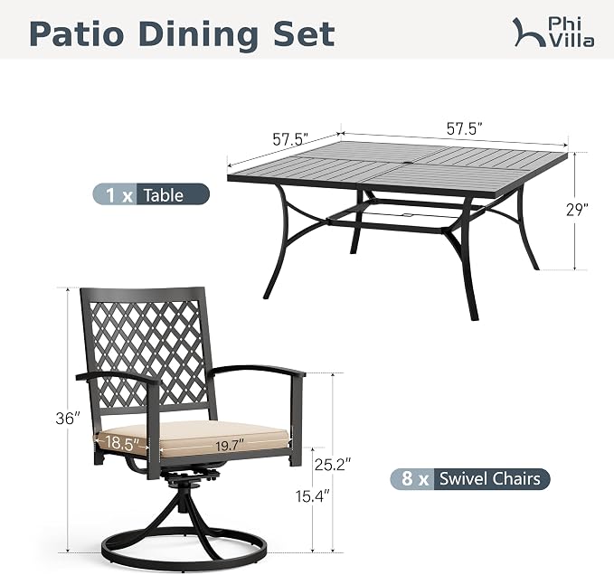 PHI VILLA 9 Pcs Outdoor Dining Set, 57.5" Steel Table w/Umbrella Hole | 57.5" square table & 8 swivel chairs w/ cushions. E-coated rustproof frame. 350+ lbs. Ideal for patio,deck,backyard