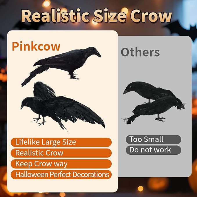 Black Fake Crows Halloween Decorations, 2 Pcs Large Realistic Feather Crows | Fake Crow Decor for Halloween Decor Birds, Plastic Stuffed Crow Prop Decoration Outdoor Indoor Tree Fence, 11 Inch